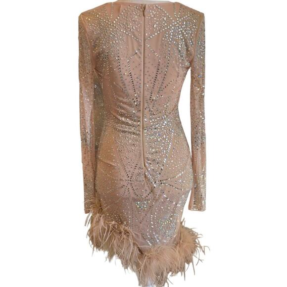 Woman's Tan Embellished Feather Trim Mini Dress Sz. S/M - Picture 3 of 7